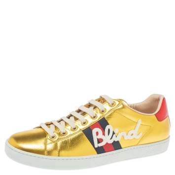 Pre Owned Gucci Metallic Gold Ace Blind For Love Lace Up Sneakers Size 40