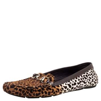 Pre Owned Gucci Brown/White Leopard Print Calfhair Horsebit Detail Slip On Loafers Size 41