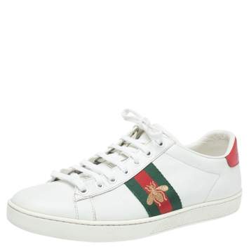 Pre Owned Gucci White Leather Ace Web Low Top Sneakers Size 38.5