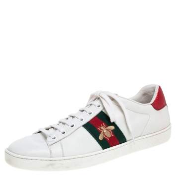 Pre Owned Gucci White Leather Embroidered Bee Ace Low Top Sneakers Size 39