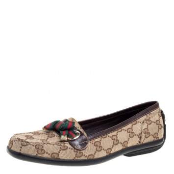 Pre Owned Gucci Beige/Brown GG Canvas and Leather Web Bow Detail Loafers Size 35.5