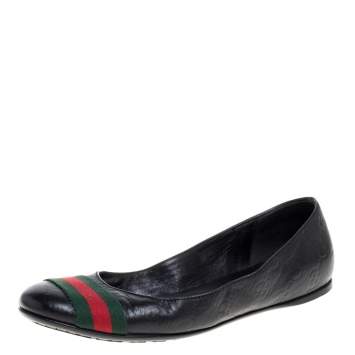 Pre Owned Gucci Black Guccissima Leather Web Stripe Ballet Flats Size 35.5