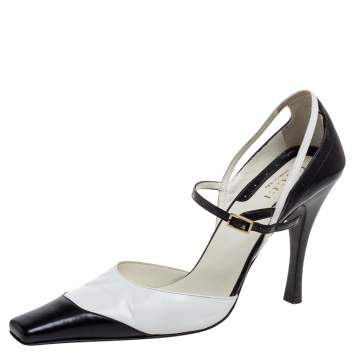 Pre Owned Gucci Black/White Leather Ankle Strap Square Toe Sandals Size 38.5