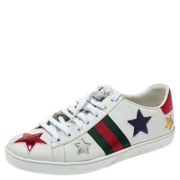 Pre Owned Gucci White Leather Ace Metallic Stars Low Top Sneakers Size 38