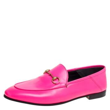 Pre Owned Gucci Neon Pink Leather Horsebit Loafers Size 40