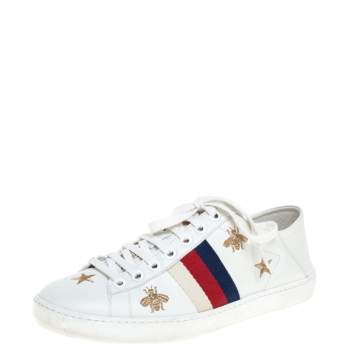 Pre Owned Gucci White Leather Ace Bees and Stars Embroidered Low Top Sneakers Size 35.5