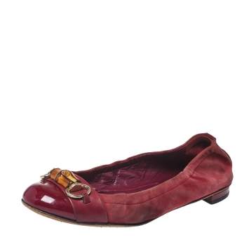 Pre Owned Gucci Burgundy Suede And Patent Leather Bamboo Horsebit Ballet Flats Size 39
