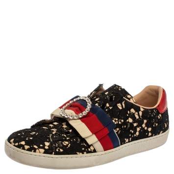 مملوكة مسبقًا Gucci Black Lace/Satin Ace Web Crystal Embellished Sneakers Size 39