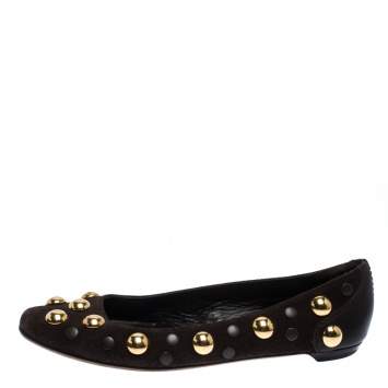Pre Owned Gucci Brown Suede Studded 'Babouska' Flats Size 37.5