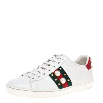 Pre Owned Gucci White Leather New Ace Web Faux Pearl Embellished Low Top Sneakers Size 35