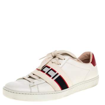 Pre Owned Gucci White/Red Leather Ace Gucci Band Low Top Sneakers Size 37.5