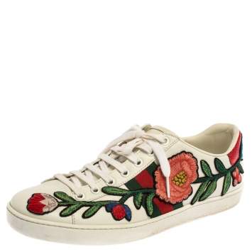 Pre Owned Gucci White Floral Embroidered Leather Ace Low Top Sneakers Size 40