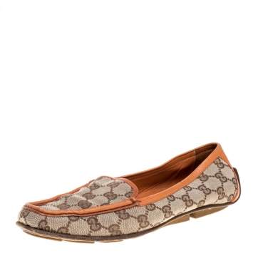 Pre Owned Gucci Orange/Beige GG Canvas and Leather Vintage Loafers Size 39