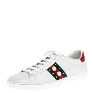 Pre Owned Gucci White Leather New Ace Web Pearl Embellished Low Top Sneakers Size 40