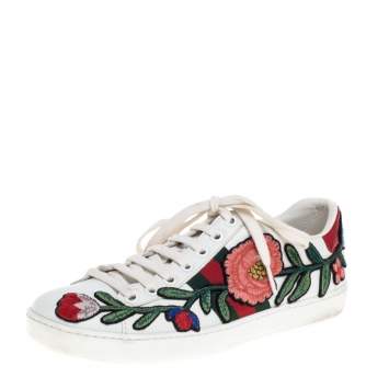 Pre Owned Gucci White Floral Embroidered Leather Ace Low Top Sneakers Size 35.5 