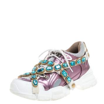 Pre Owned Gucci Metallic Purple Leather and Mesh Flashtrek Removable Crystals Sneakers Size 38