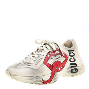 Pre Owned Gucci Cream/Grey Leather Rhyton Open Mouth Sneakers Size 38