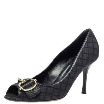 Pre Owned Gucci Black Diamante Canvas And Leather Trim Icon Bit Peep Toe Platform Pump Size 39