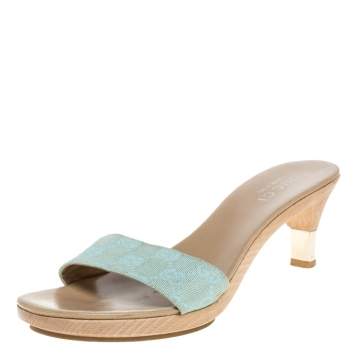 Pre Owned Gucci Gold/Light Blue GG Canvas Heel Slide Sandals Size 37