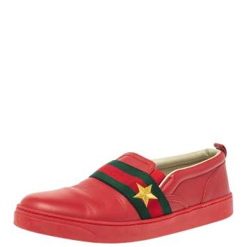 Pre Owned Gucci Red Leather Web Band Slip On Sneakers Size 36