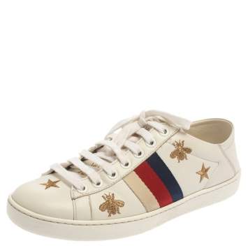 Pre Owned Gucci White Leather Ace Bee Star Sneakers Size 35