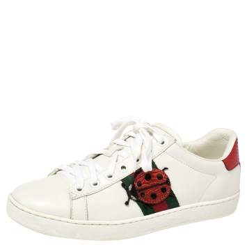 Pre Owned Gucci White Leather Embroidered Ladybird And Pineapple Ace Sneakers Size 37