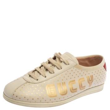 Pre Owned Gucci Off White Leather  Falacer Logo Sneakers Size 38.5