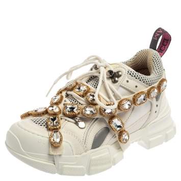 Pre Owned Gucci White Leather And Mesh Flashtrek Embellished Low To Sneakers Size 36.5 