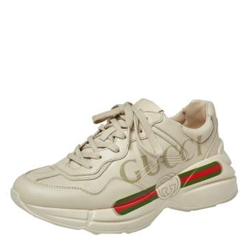 Pre Owned Gucci Light Off White Leather Rhyton Gucci Logo Low Top Sneakers Size 36
