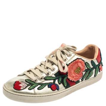 Pre Owned Gucci Silver Metallic Leather Ace Embroidered Low Top Sneakers Size 36.5