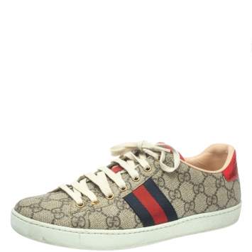 Pre Owned Gucci Brown Coated Canvas And Embossed Python Leather Ace Web Low Top Sneakers Size 39