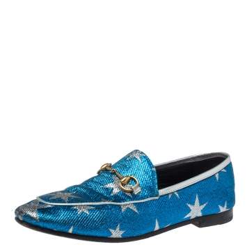 Pre Owned Gucci Blue Glitter Fabric Jordaan Star Lurex Horsebit Loafers Size 37