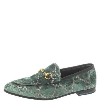 Pre Owned Gucci Green GG Velvet And Leather Jordaan Horsebit Loafers Size 37