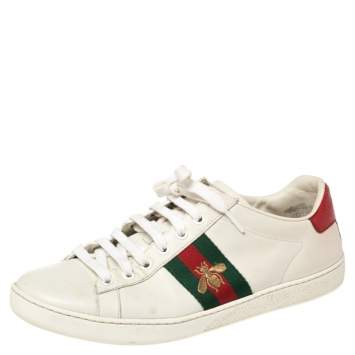Pre Owned Gucci White Leather Embroidered Bee Ace Low Top Sneakers Size 38.5