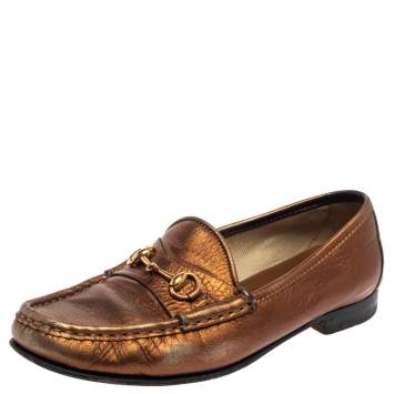 Pre Owned Gucci Metallic Gold Leather Horsebit  Loafers Size 36