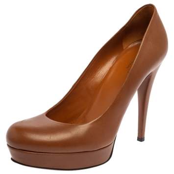 Pre Owned Gucci Brown Leather Betty Platform Pumps Size 37.5