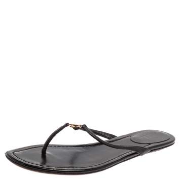 Pre Owned Gucci Black Leather Interlocking GG Thong Sandals Size 38