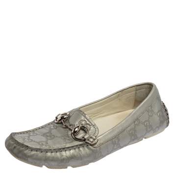 Pre Owned Gucci Silver Guccissima Leather Horsebit Driving Loafers Size 37