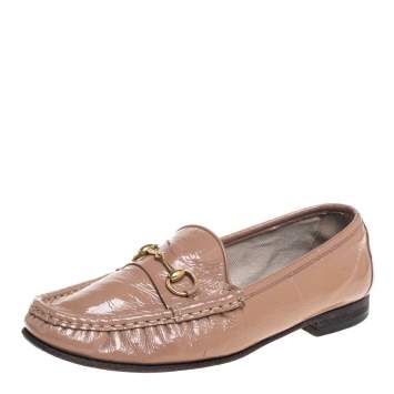 Pre Owned Gucci Beige Patent Leather Horsebit Slip On Loafers Size 38