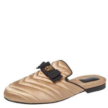 Pre Owned Gucci Beige Satin Embellished Flat Mules Size 37
