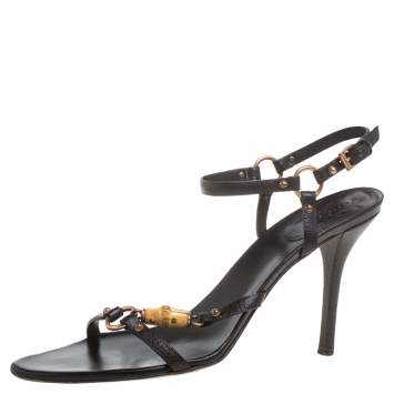 Gucci Black Leather Bamboo Tassel Open Toe Sandal Size 38.5