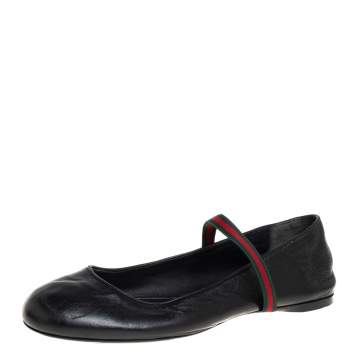 Pre Owned Gucci Black Leather Web Ballet Flats Size 36
