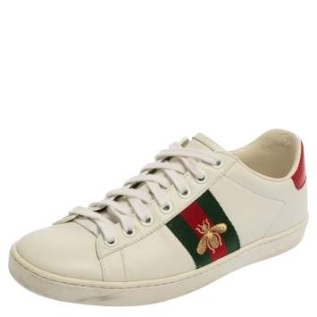 مملوكة مسبقًا Gucci White Leather Bee Ace Low-Top Sneakers Size 35.5