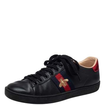 Pre Owned Gucci Black Leather Ace Bee Low Top Sneakers Size 36.5