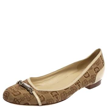 Pre Owned Gucci Cream/Brown Canvas And Leather Horsebit Ballet Flats Size 38