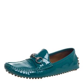 Pre Owned Gucci Blue Patent Leather Horsebit  Loafers Size 37.5