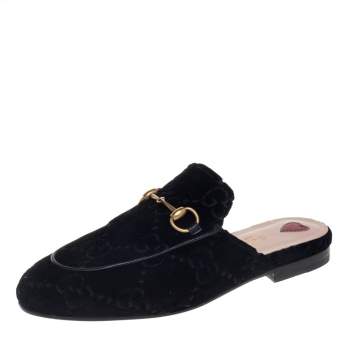 Pre Owned Gucci Black GG Velvet And Leather Princetown Horsebit Flat Mules Size 35