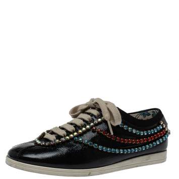 Pre Owned Gucci Black Leather Crystal Trim Sneakers Size 35