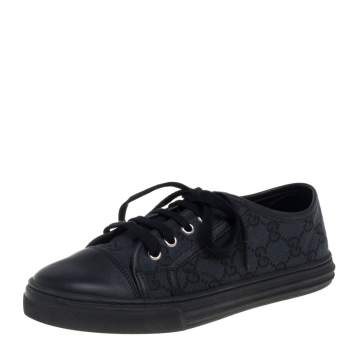 Pre Owned Gucci Black/ Blue Leather GG Canvas And Leather Low Top Sneakers Size 36