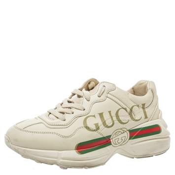Pre Owned Gucci Cream Leather Trainer Sneakers Size 35.5
